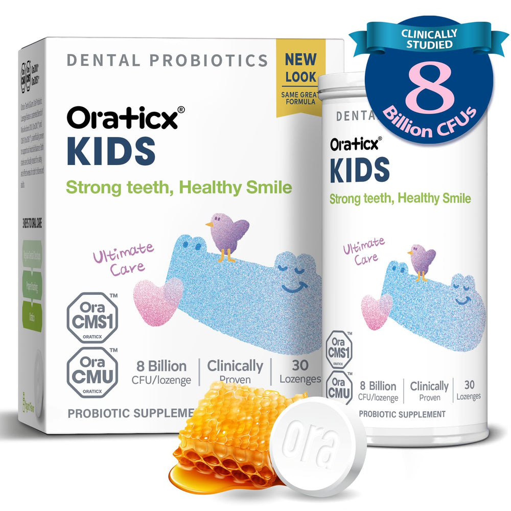 OraTicx Kids Dental Probiotics bottle with kid-friendly packaging supports easy daily care.