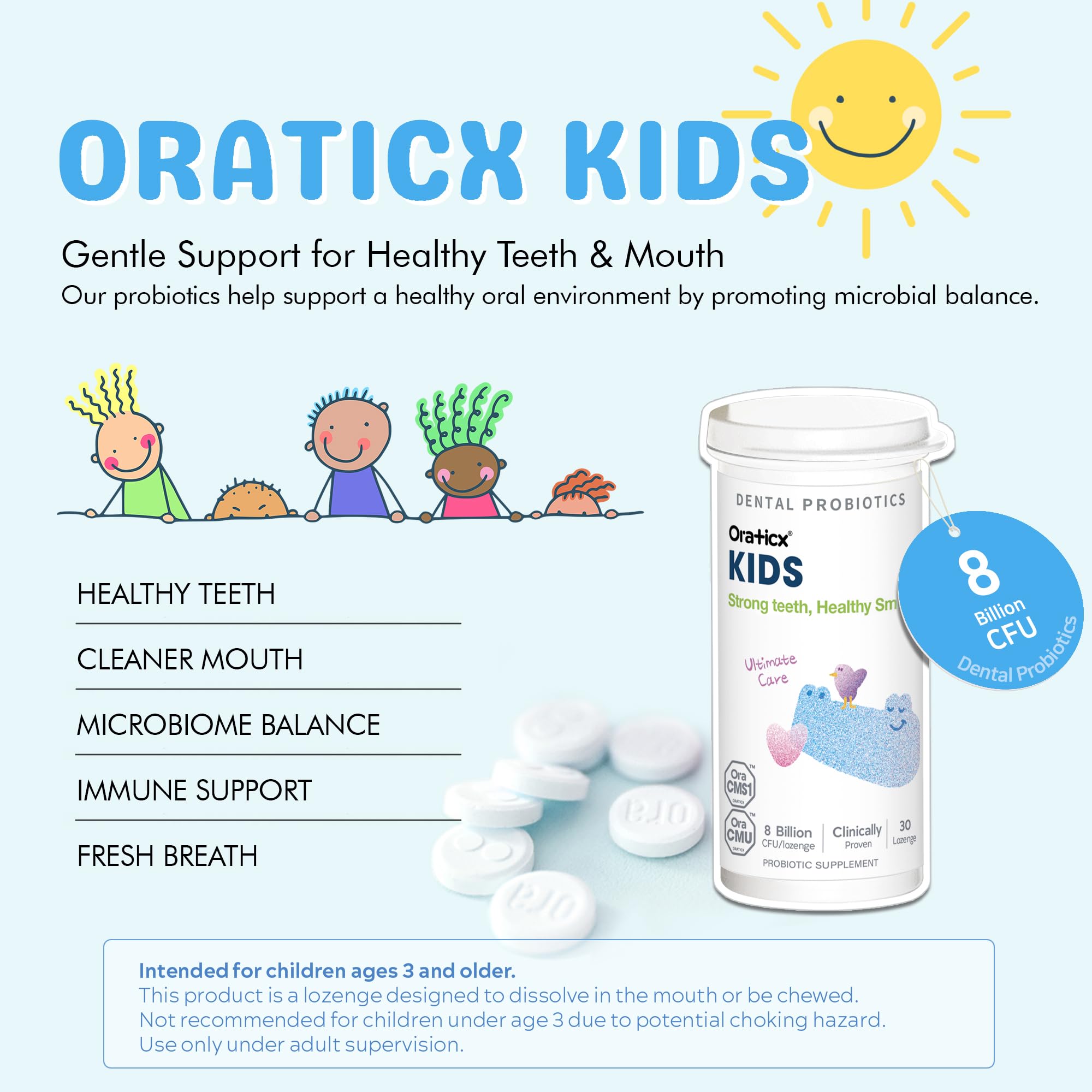 OraTicx Kids Dental Probiotics yogurt-flavor tablet entices children to brush.