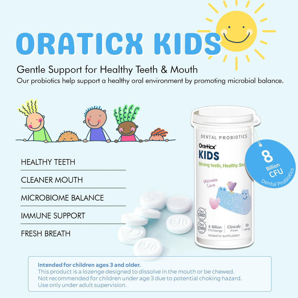 OraTicx Kids Dental Probiotics yogurt-flavor tablet entices children to brush.