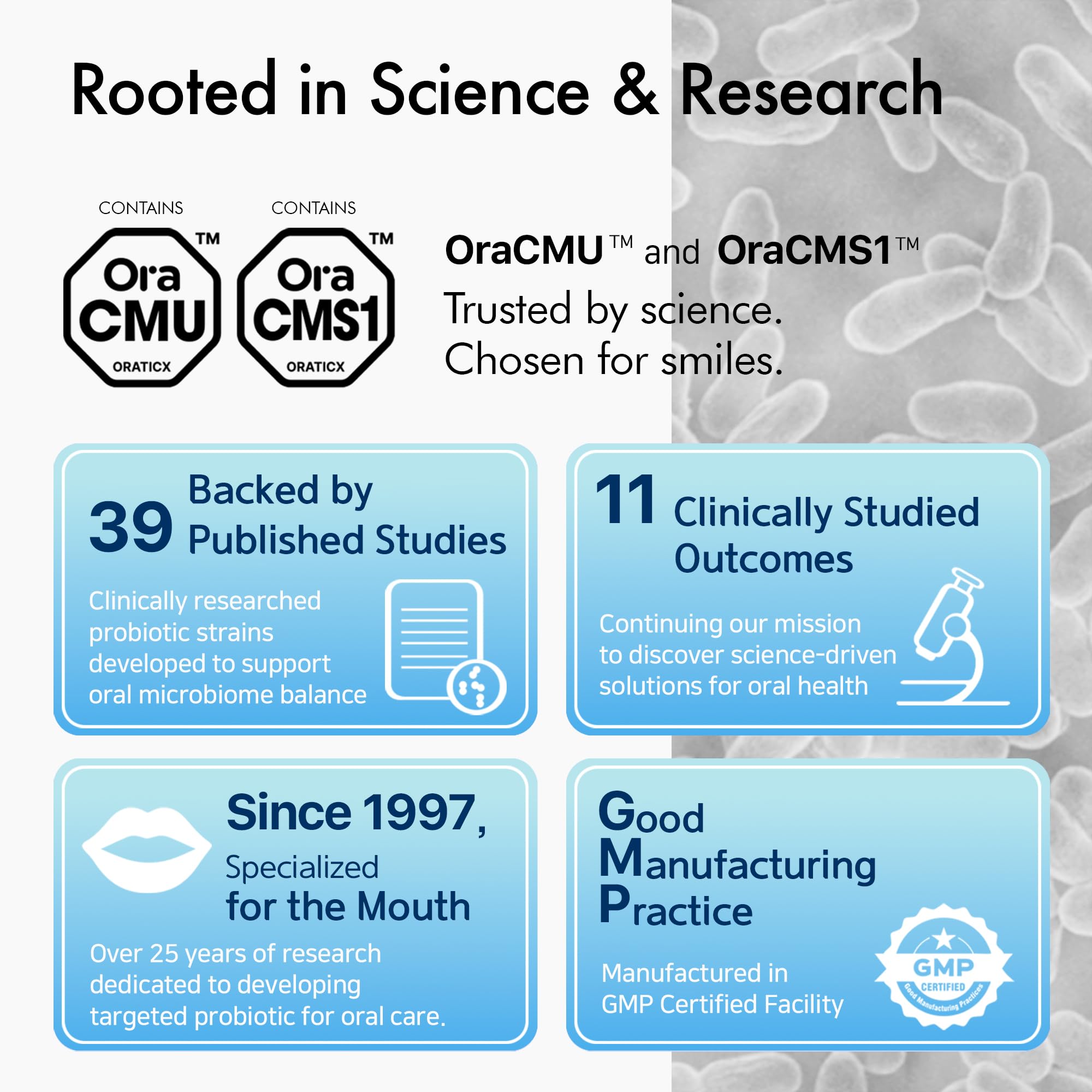 OraTicx Kids Dental Probiotics health-benefits visual underscores balanced oral microbiome potential.