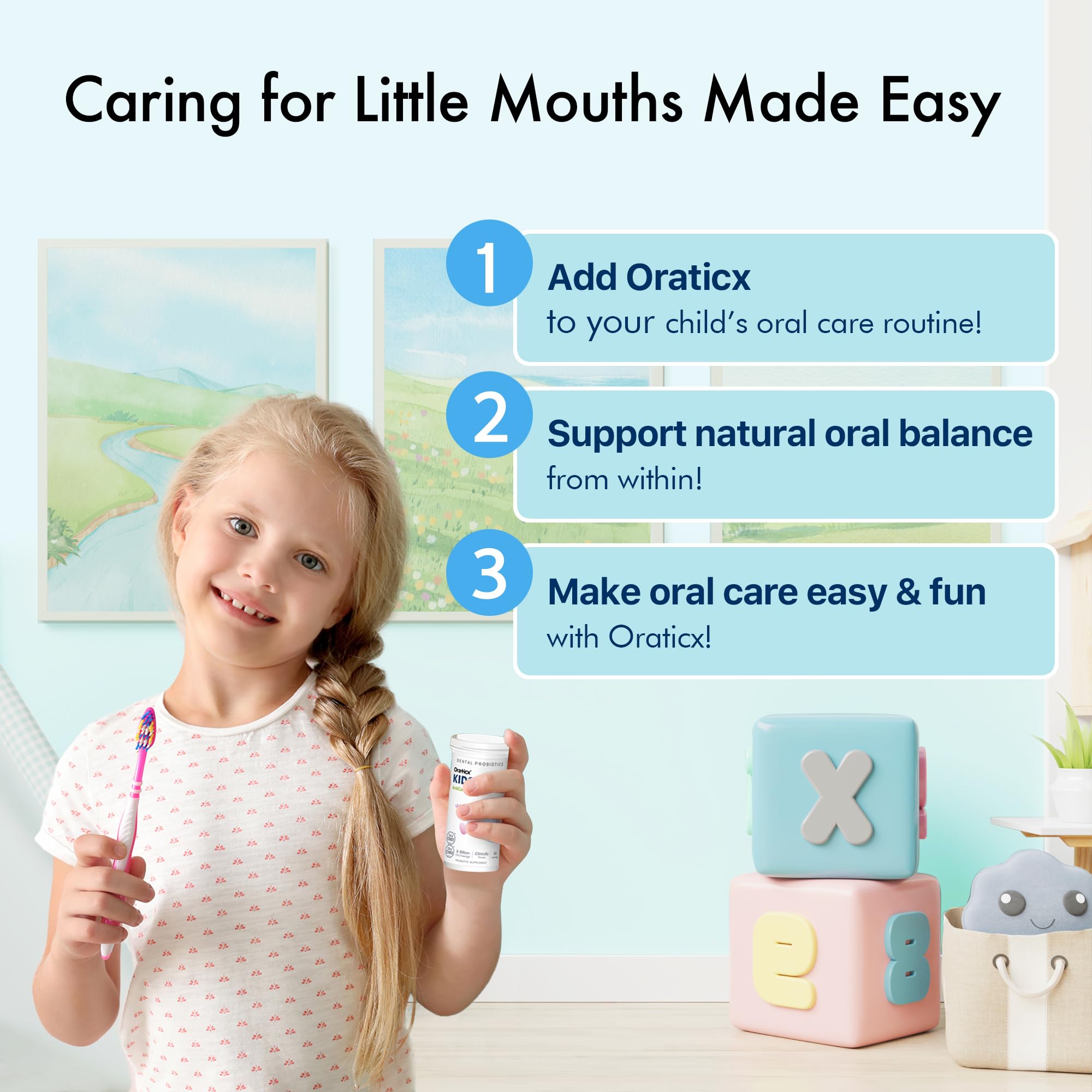 OraTicx Kids Dental Probiotics packaging highlights shelf-stable, sugar-free formula.