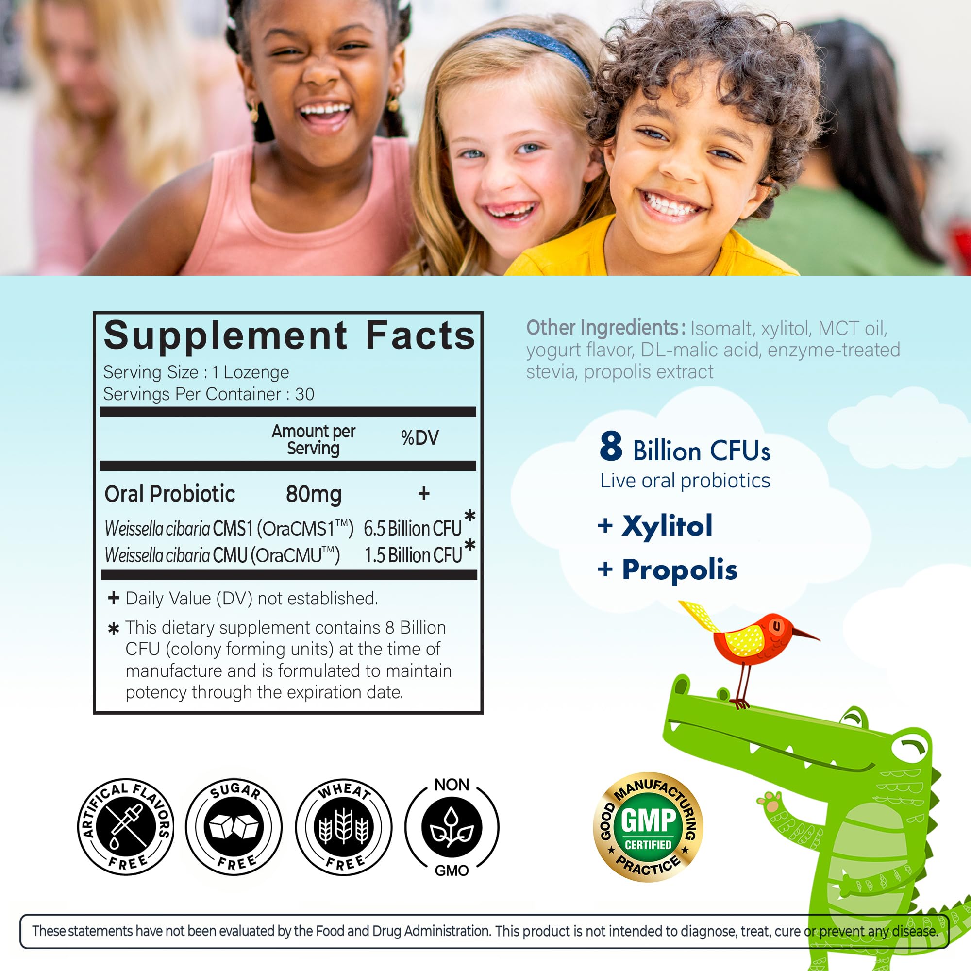 OraTicx Kids Dental Probiotics shelf-stable badge indicates no refrigeration needed.