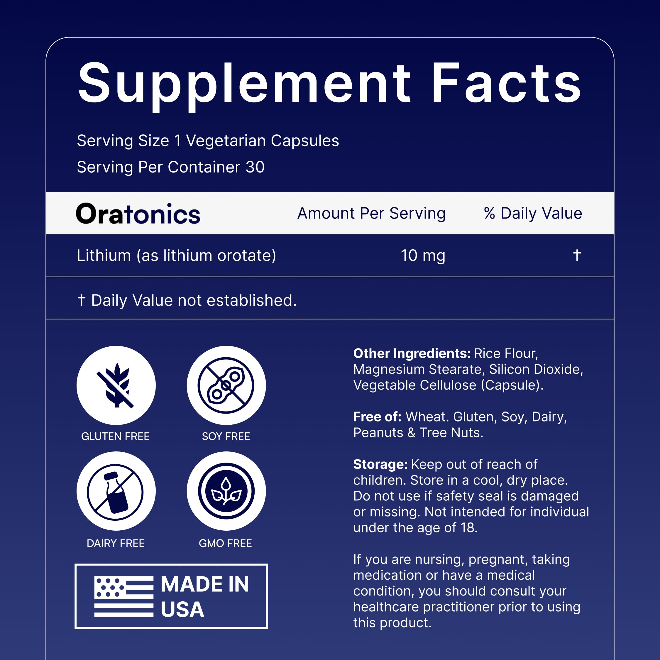 Oratonics lithium orotate capsules shown for easy daily dosing.