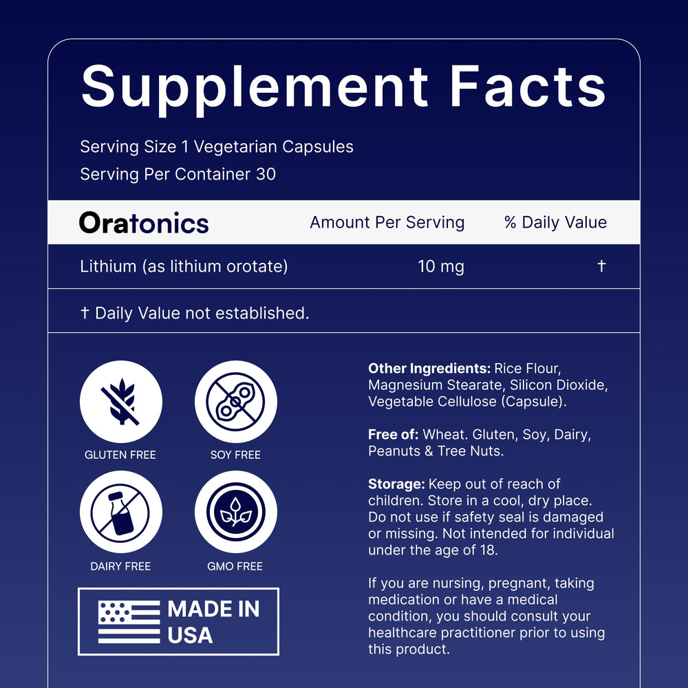 Oratonics lithium orotate capsules shown for easy daily dosing.