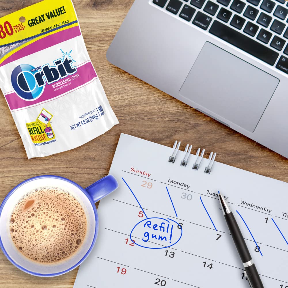 Orbit Bubblemint desk-use scene suggests office freshness and quick breath refreshment.