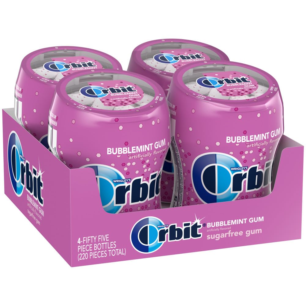 Orbit Bubblemint gum bottle on the go for instant fresh breath.