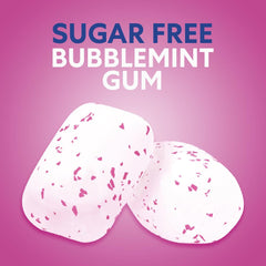 Close-up of Orbit Bubblemint gum bottle highlighting sugar-free flavor and mint aroma.