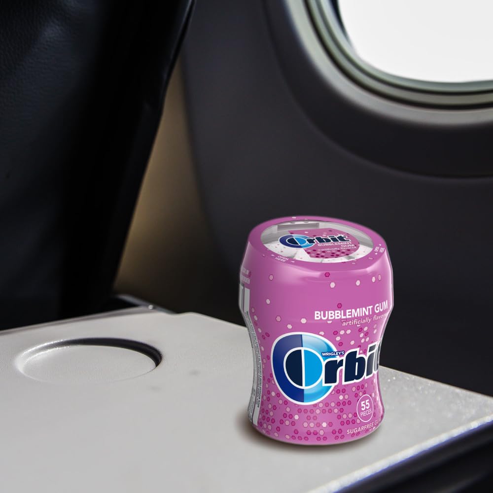 Orbit Bubblemint gum bottle packaging showing four 55-piece containers.