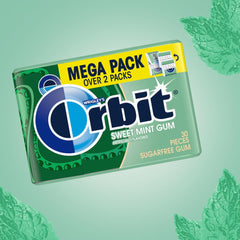 Closeup label on Orbit Mega Pack indicates sugar-free mint flavor.