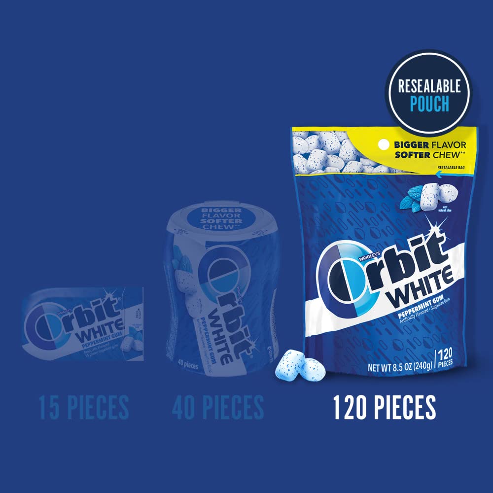 Orbit White Peppermint Gum close-up piece highlights refreshing mint flavor.