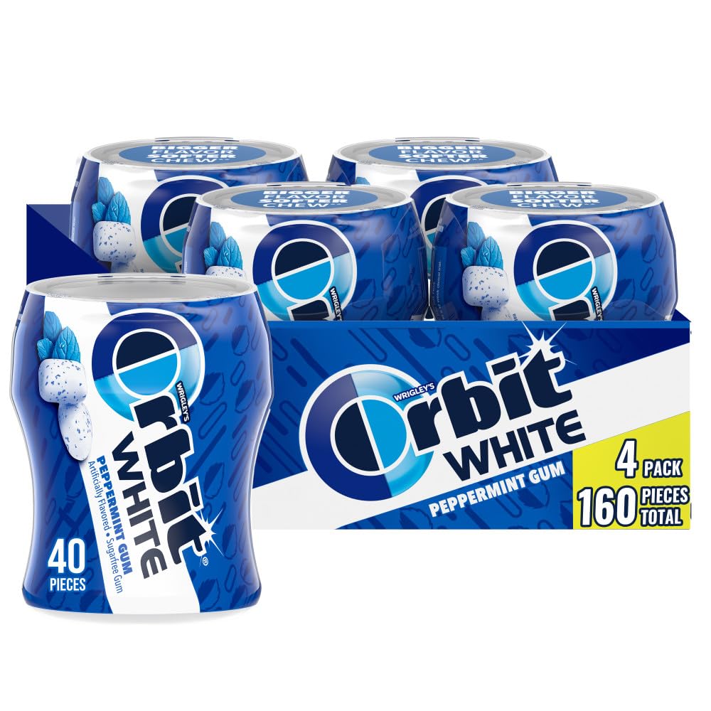 Orbit White Peppermint Sugarfree Gum bottle front view for fresh breath.