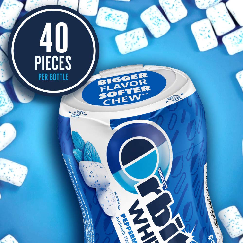 Orbit White Peppermint Sugarfree Gum pack open view with pieces visible.