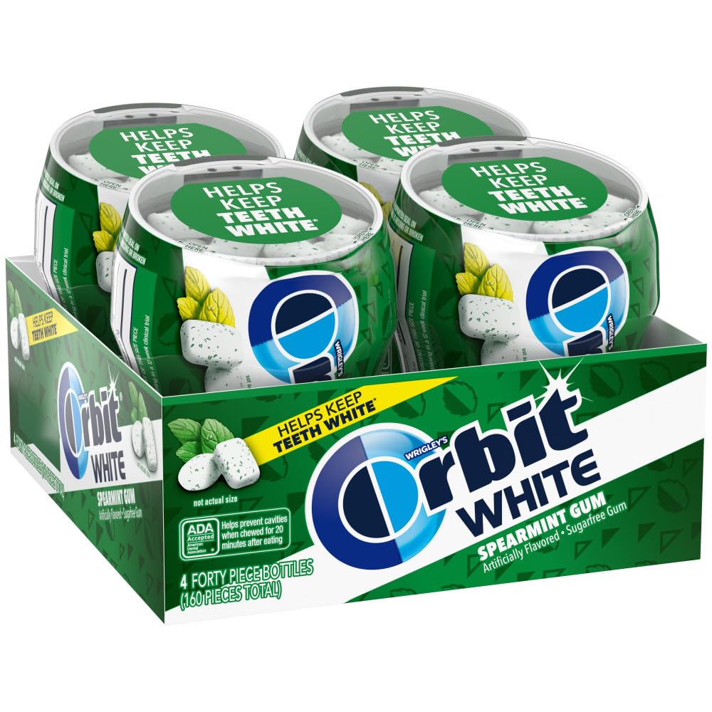 Orbit WHITE spearmint gum bottle with four resealable containers for on-the-go freshness.