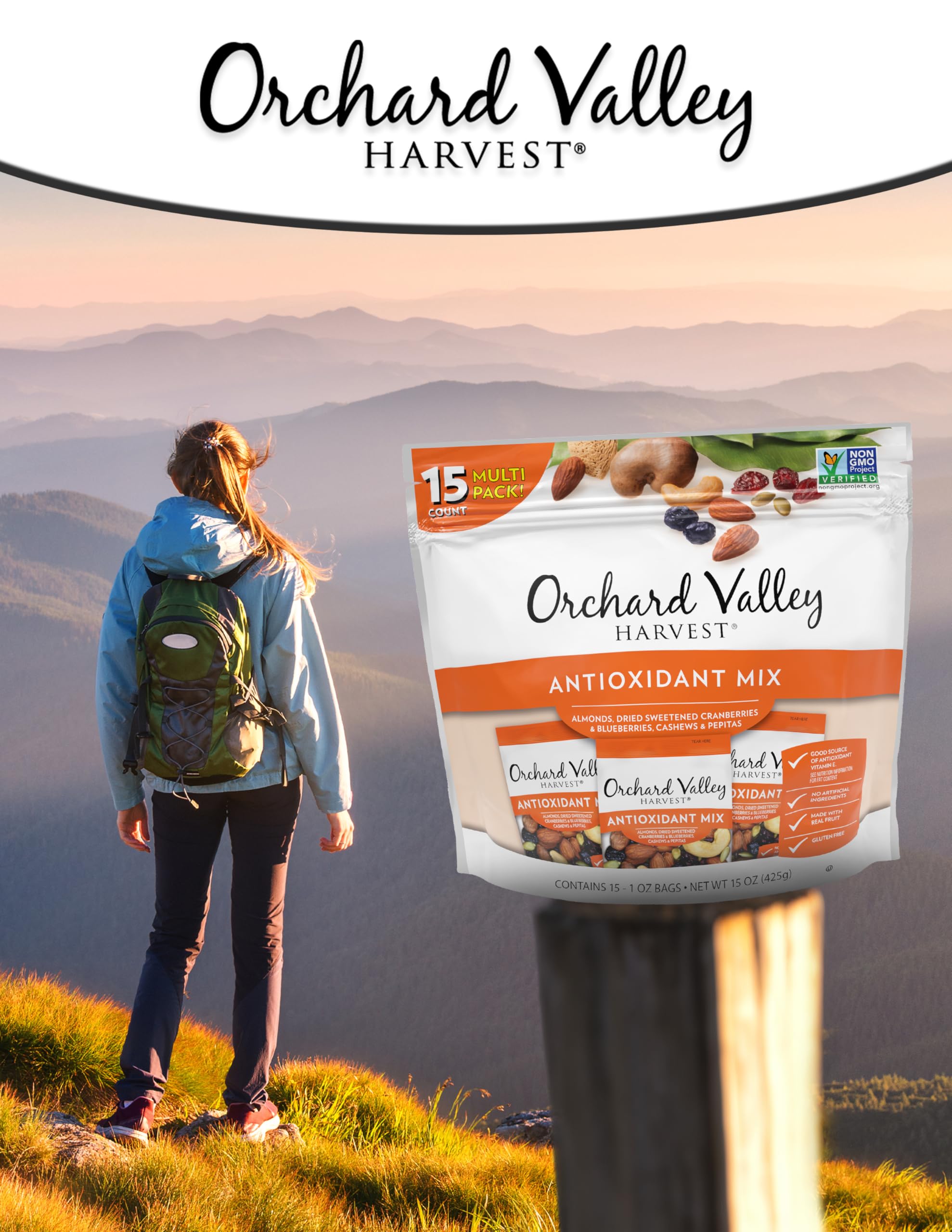 Orchard Valley Harvest Antioxidant Mix trail snack pack, ideal for travel or work.