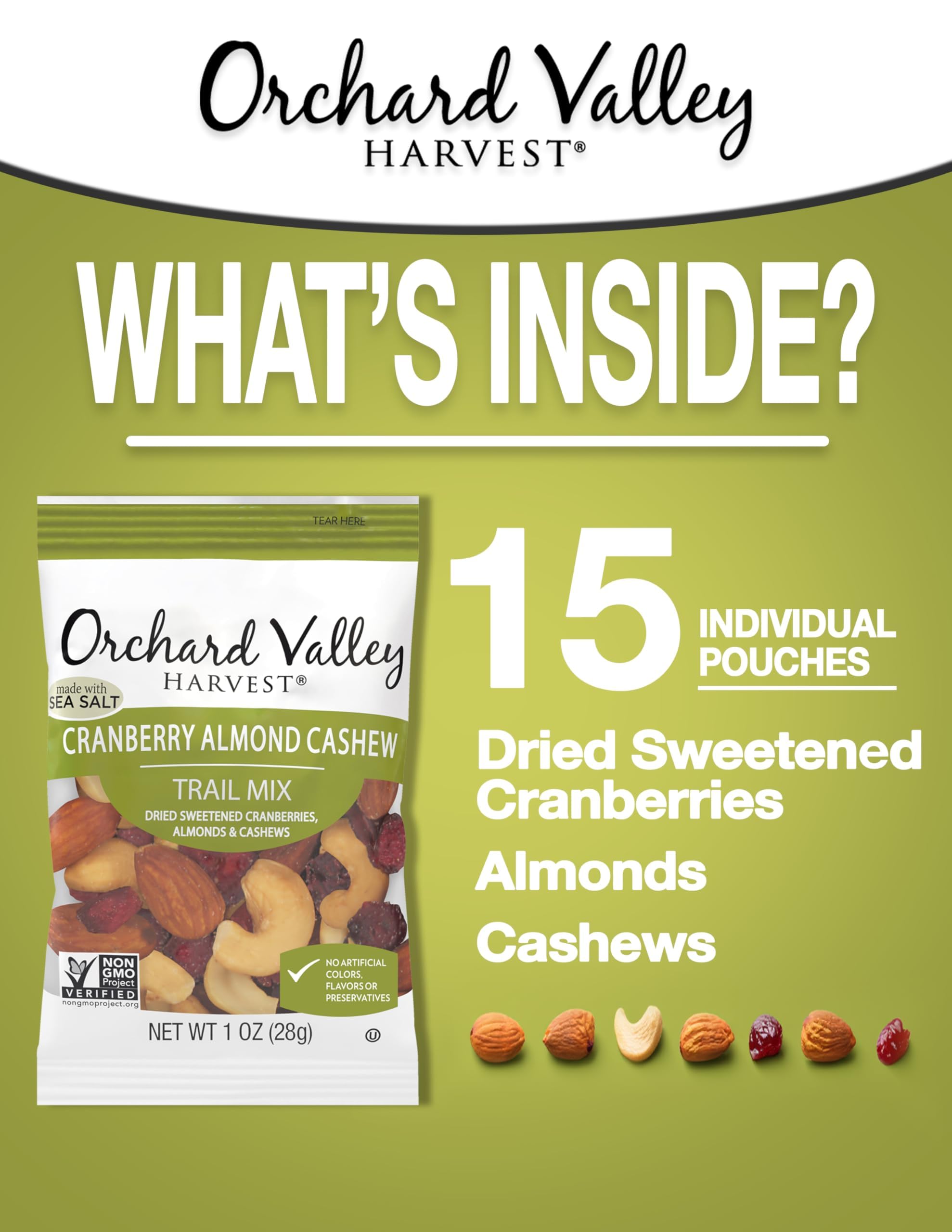 Orchard Valley Harvest Cranberry Almond Cashew Trail Mix cranberries closeup highlights tart sweetness.