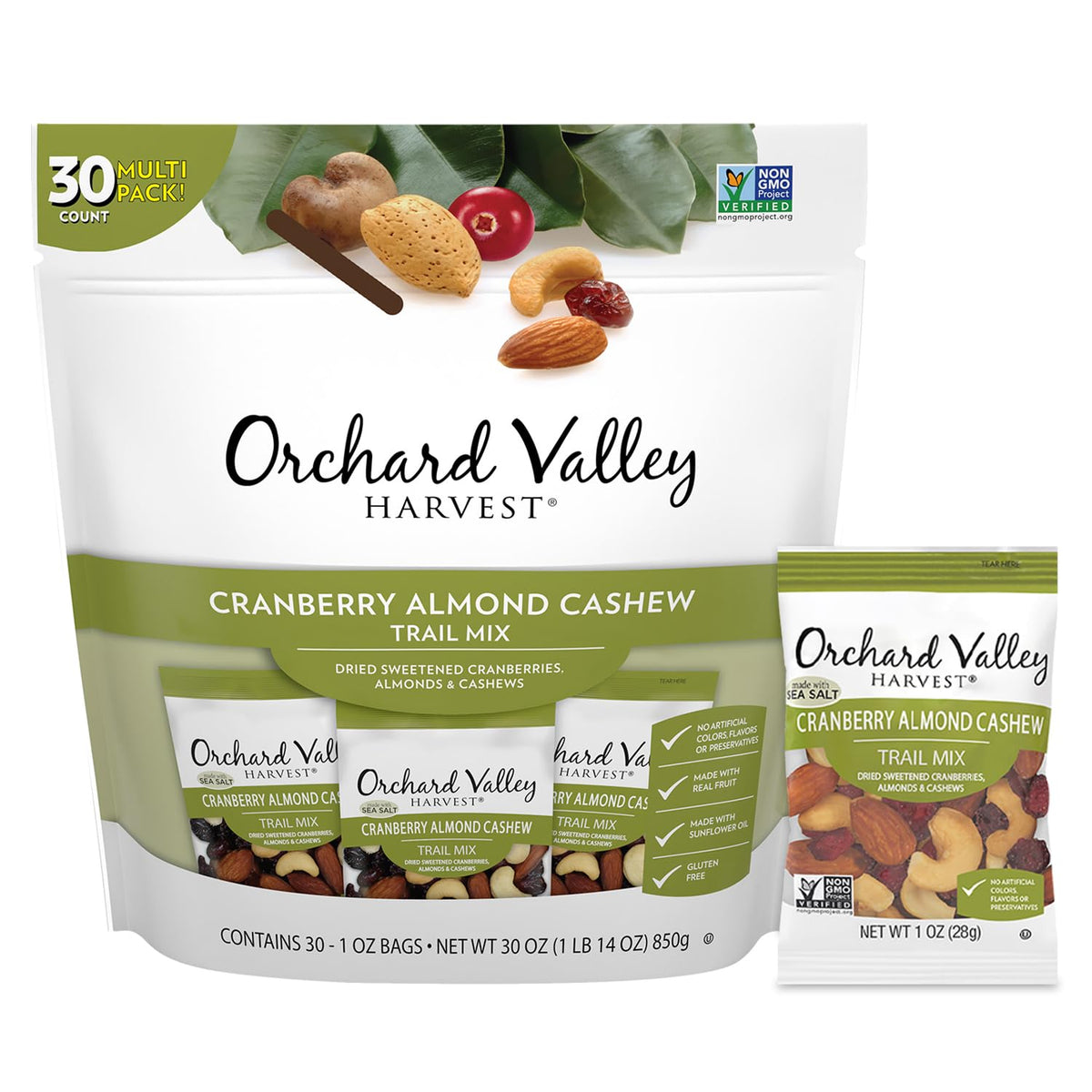 Orchard Valley Harvest Cranberry Almond Cashew Trail Mix front-pack offers convenient 1 oz servings for on-the-go snacking.