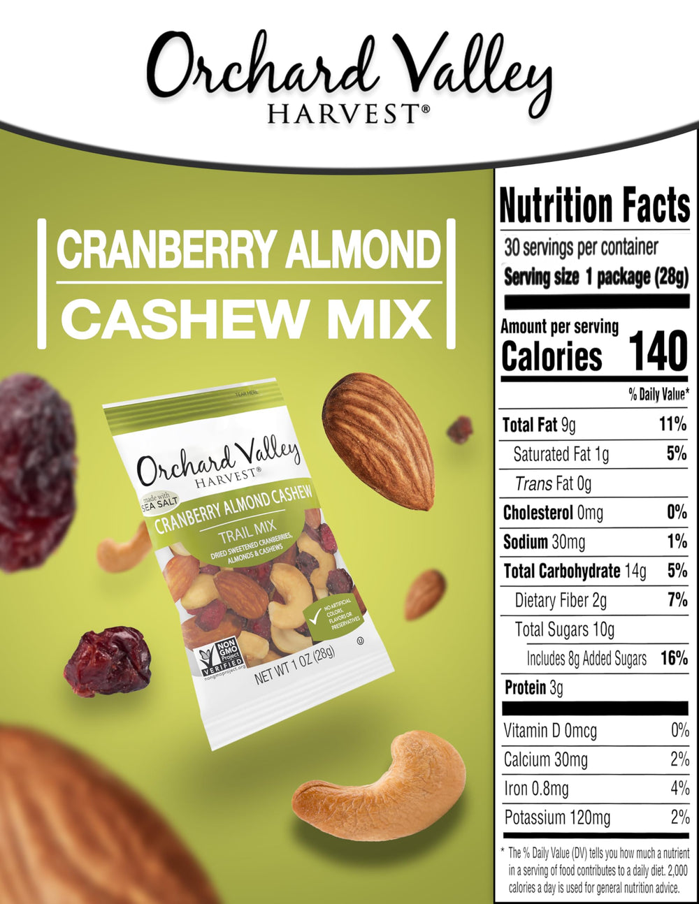Orchard Valley Harvest Cranberry Almond Cashew Trail Mix shows dried cranberries and nuts for flavor.