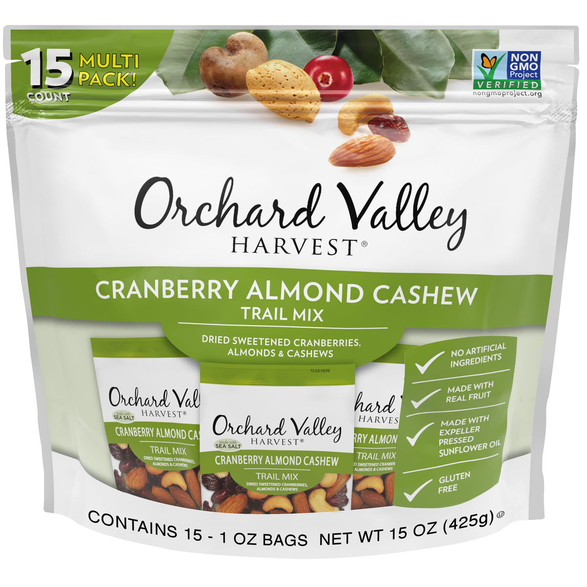 Orchard Valley Harvest Cranberry Almond Cashew Trail Mix pack-front shows convenient single-serve packaging.