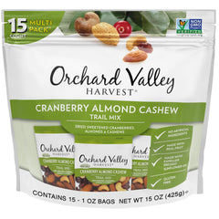 Orchard Valley Harvest Cranberry Almond Cashew Trail Mix pack-front shows convenient single-serve packaging.