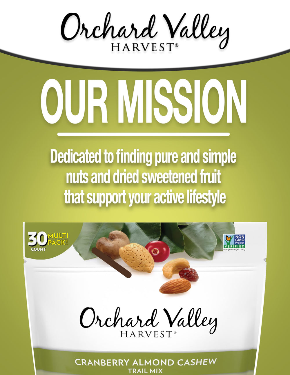 Orchard Valley Harvest Cranberry Almond Cashew Trail Mix packaging highlights non-GMO ingredients and no artificial additives.