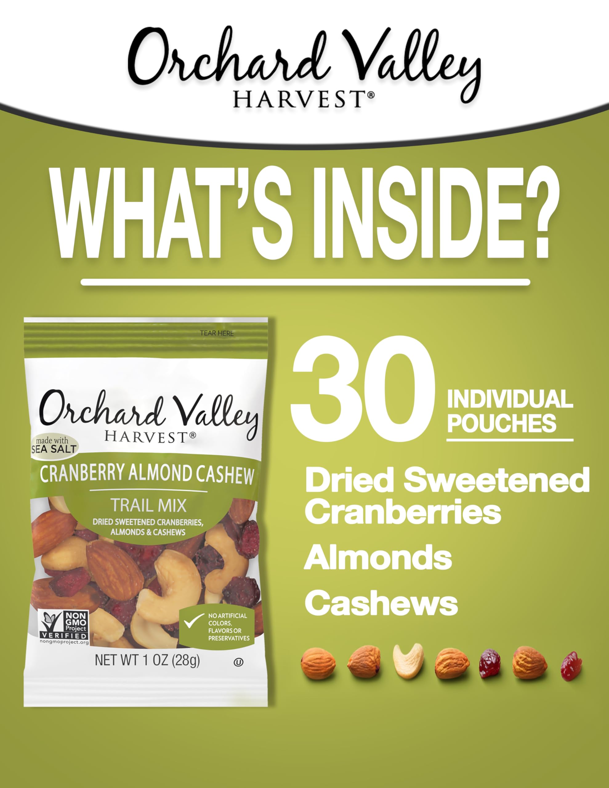 Orchard Valley Harvest Cranberry Almond Cashew Trail Mix roasted almonds and cashews close-up for crunch.