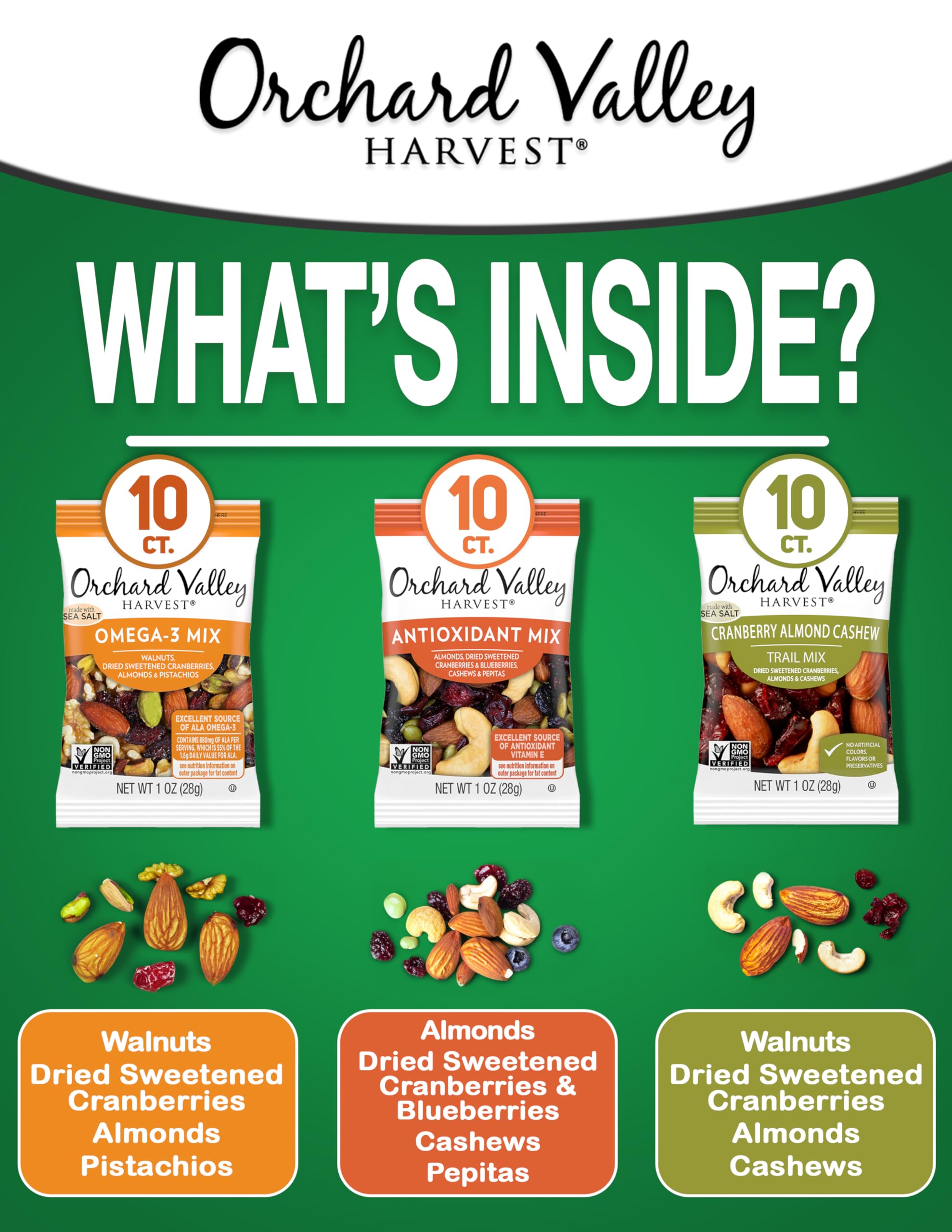 Orchard Valley Harvest cranberry almond cashew trail mix ready-to-eat single-serve pack.