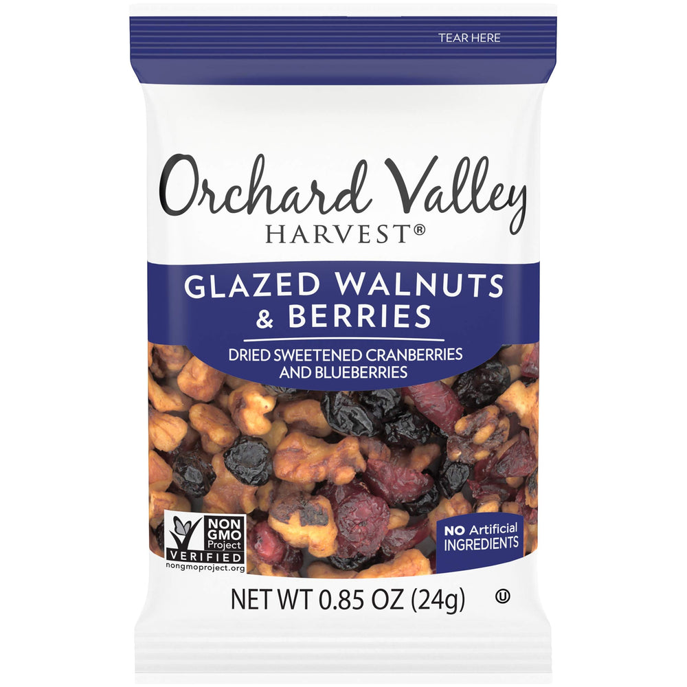 Orchard Valley Harvest dried cranberries and blueberries closeup, showing natural sweetness.