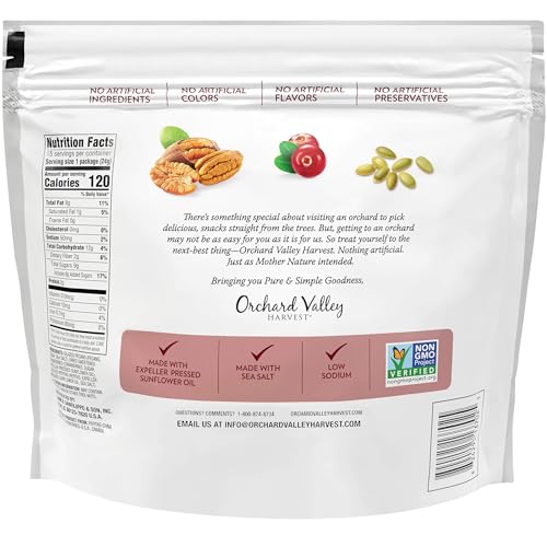 Orchard Valley Harvest pecans with cranberries and pepitas – colorful, flavorful snack mix.
