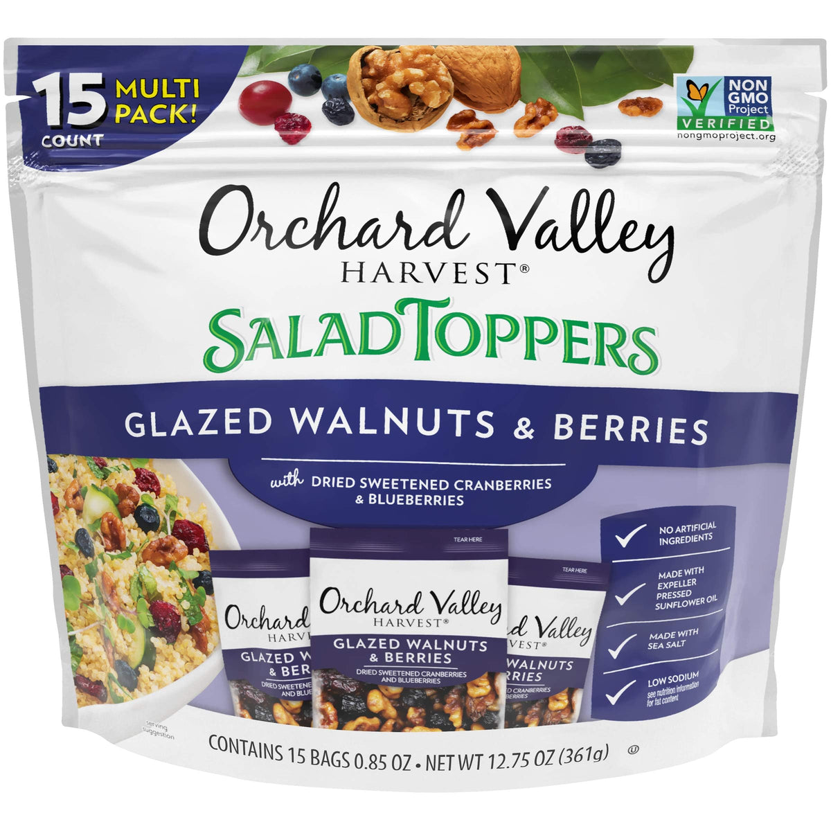 Orchard Valley Harvest glazed walnuts and berries salad toppers on a bag front, ready to stir into salads.