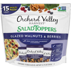 Orchard Valley Harvest glazed walnuts and berries salad toppers on a bag front, ready to stir into salads.