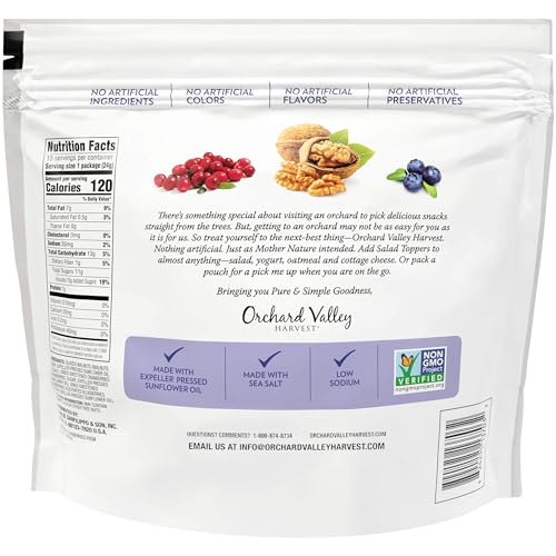 Orchard Valley Harvest glazed walnuts cranberries blueberries closeup, delivering crunchy texture for snacking.