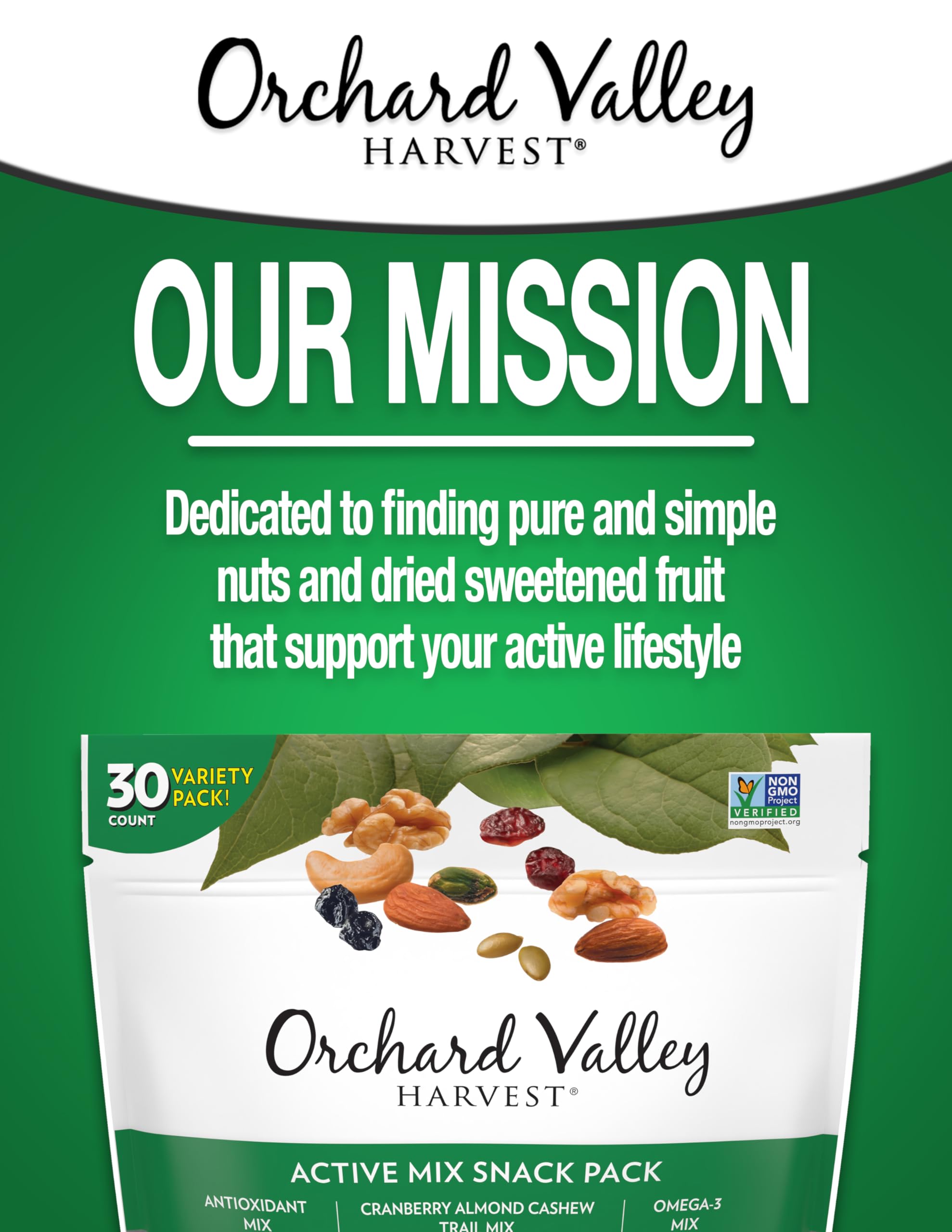 Orchard Valley Harvest gluten-free, kosher OU, Non-GMO trail mix options.