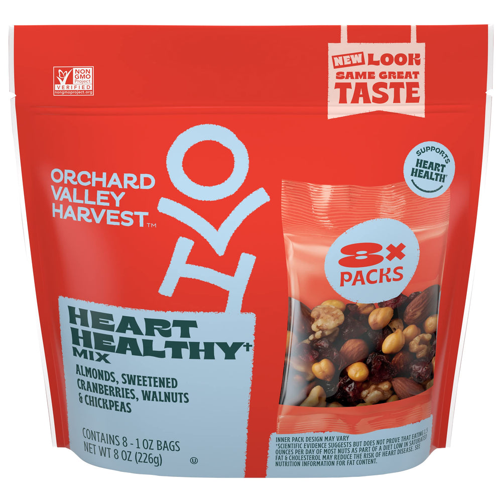 Orchard Valley Harvest Heart Healthy Mix in a 1oz bag for on-the-go snacking.