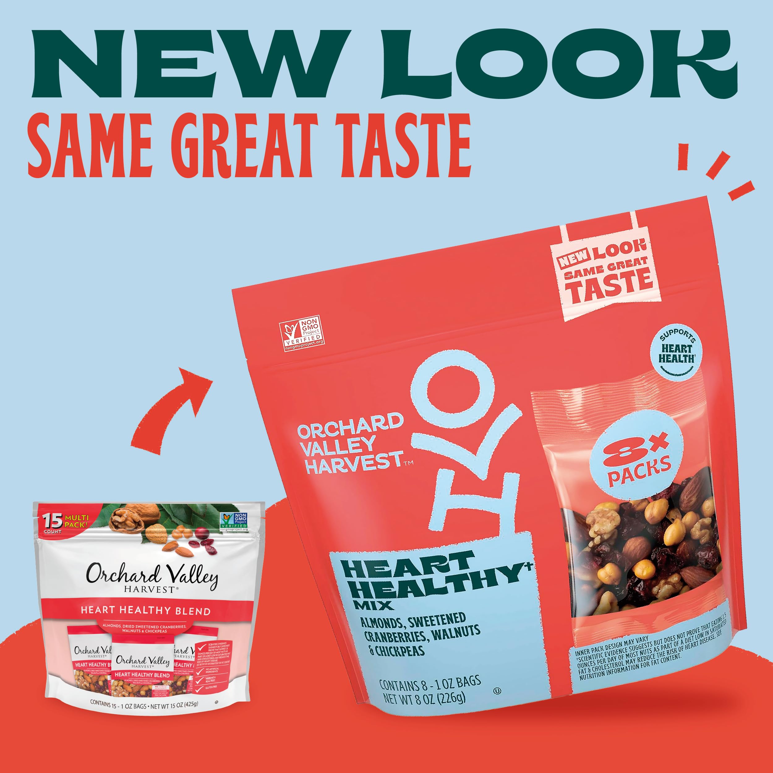 Orchard Valley Harvest Heart Healthy Mix walnuts and chickpeas add texture and plant-based protein.