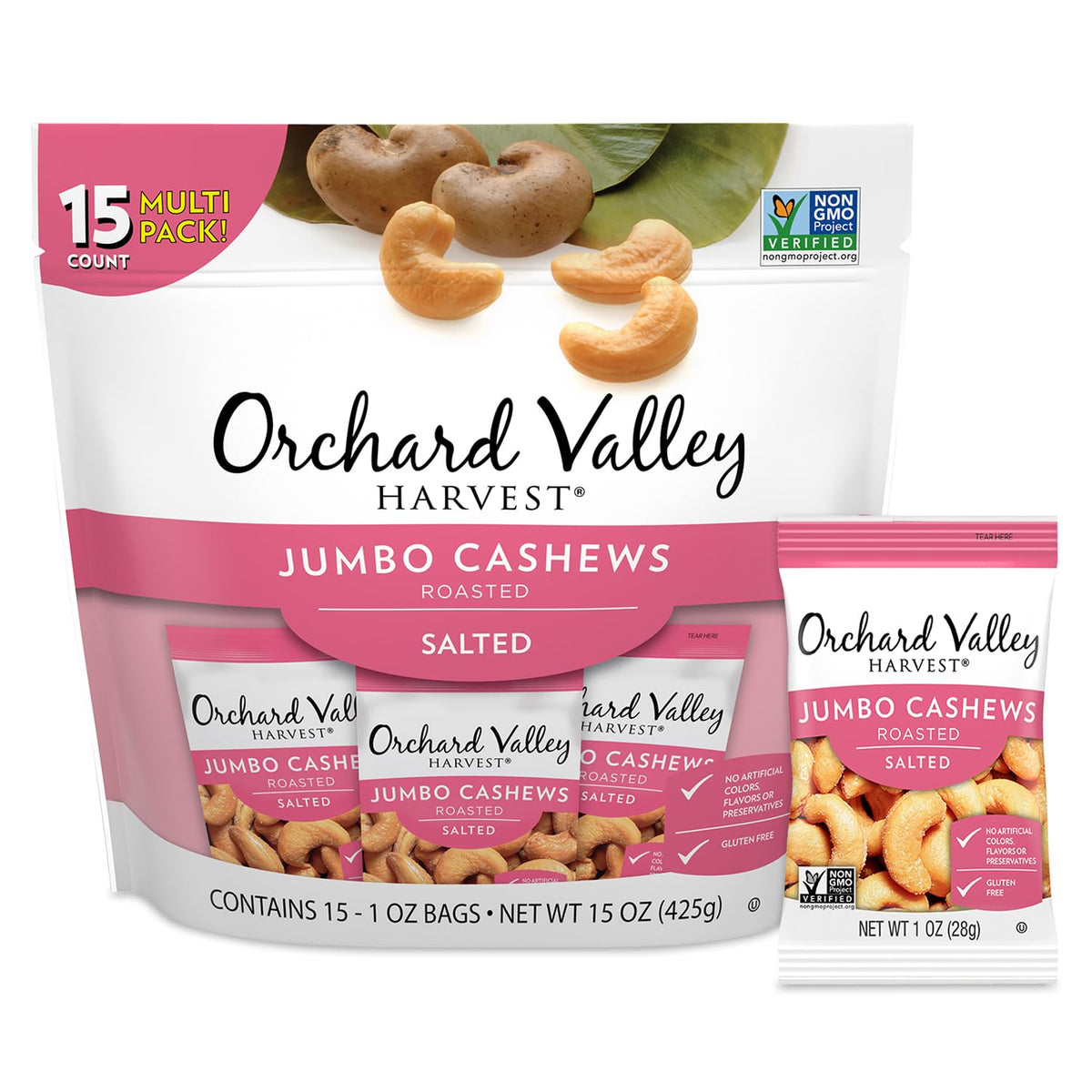 Orchard Valley Harvest jumbo cashews 15-pack, ready-to-eat snack for quick bites