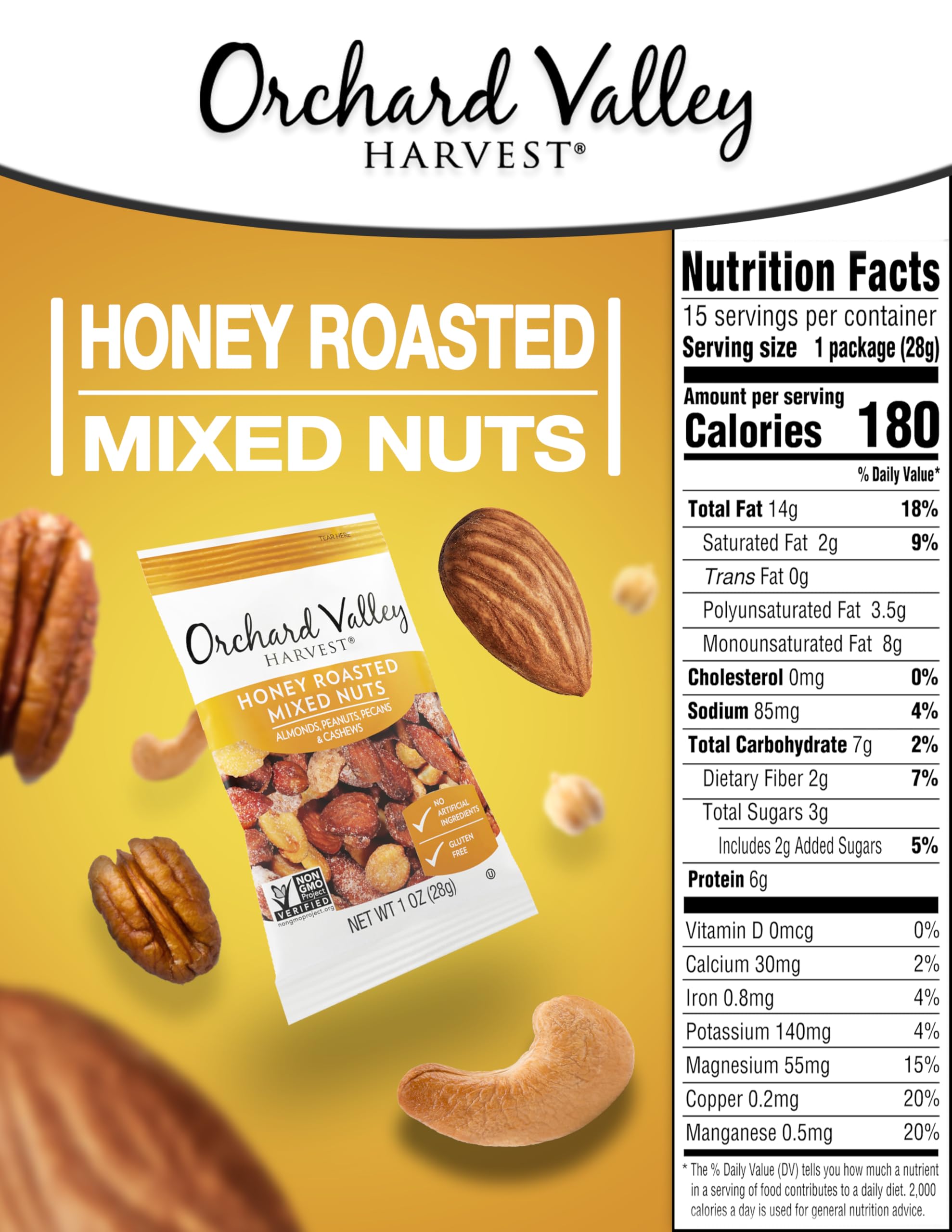 Orchard Valley Harvest mixed nuts closeup showing glossy honey glaze and crunch