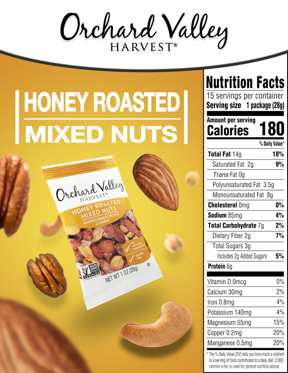 Orchard Valley Harvest mixed nuts closeup showing glossy honey glaze and crunch