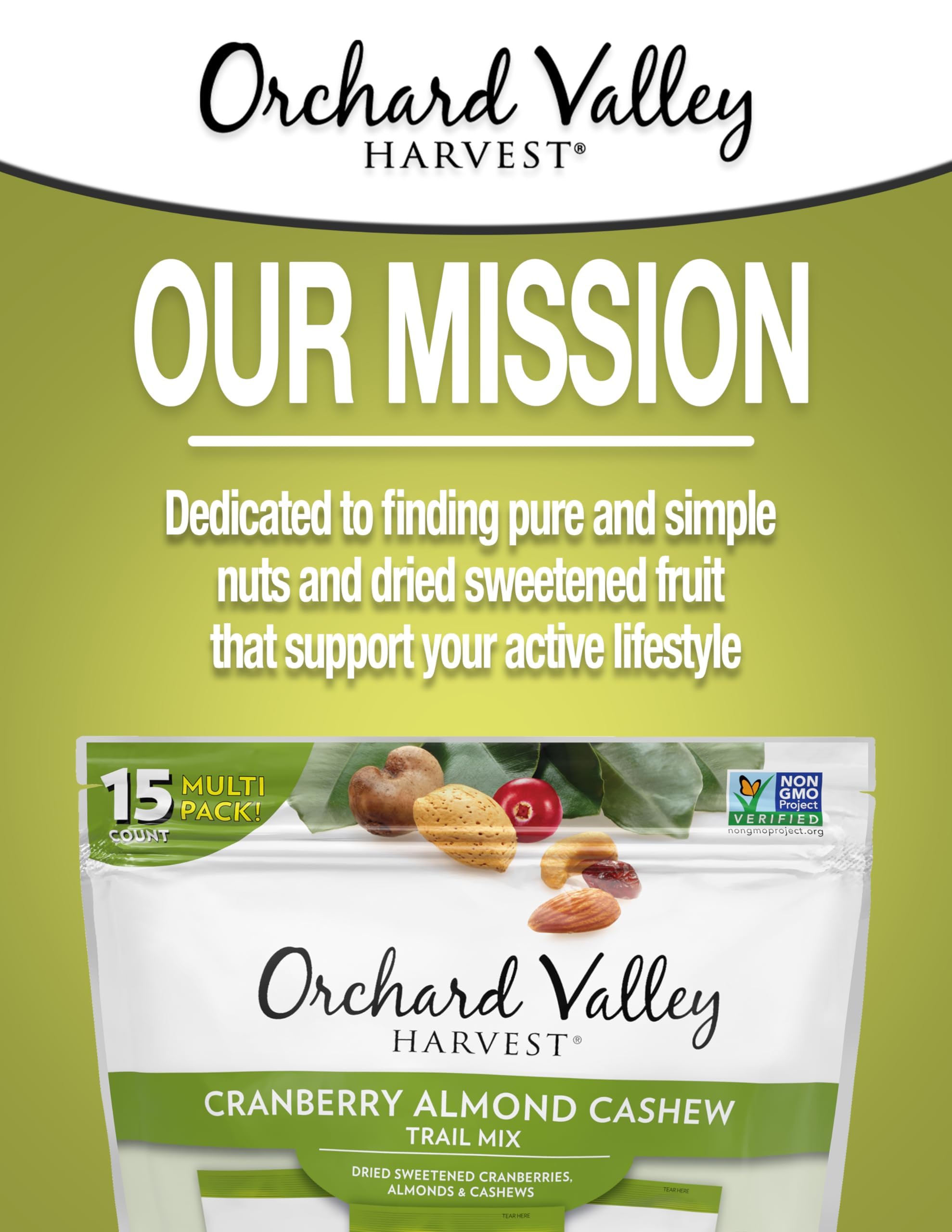 Orchard Valley Harvest Cranberry Almond Cashew Trail Mix no artificial ingredients label signals purity.