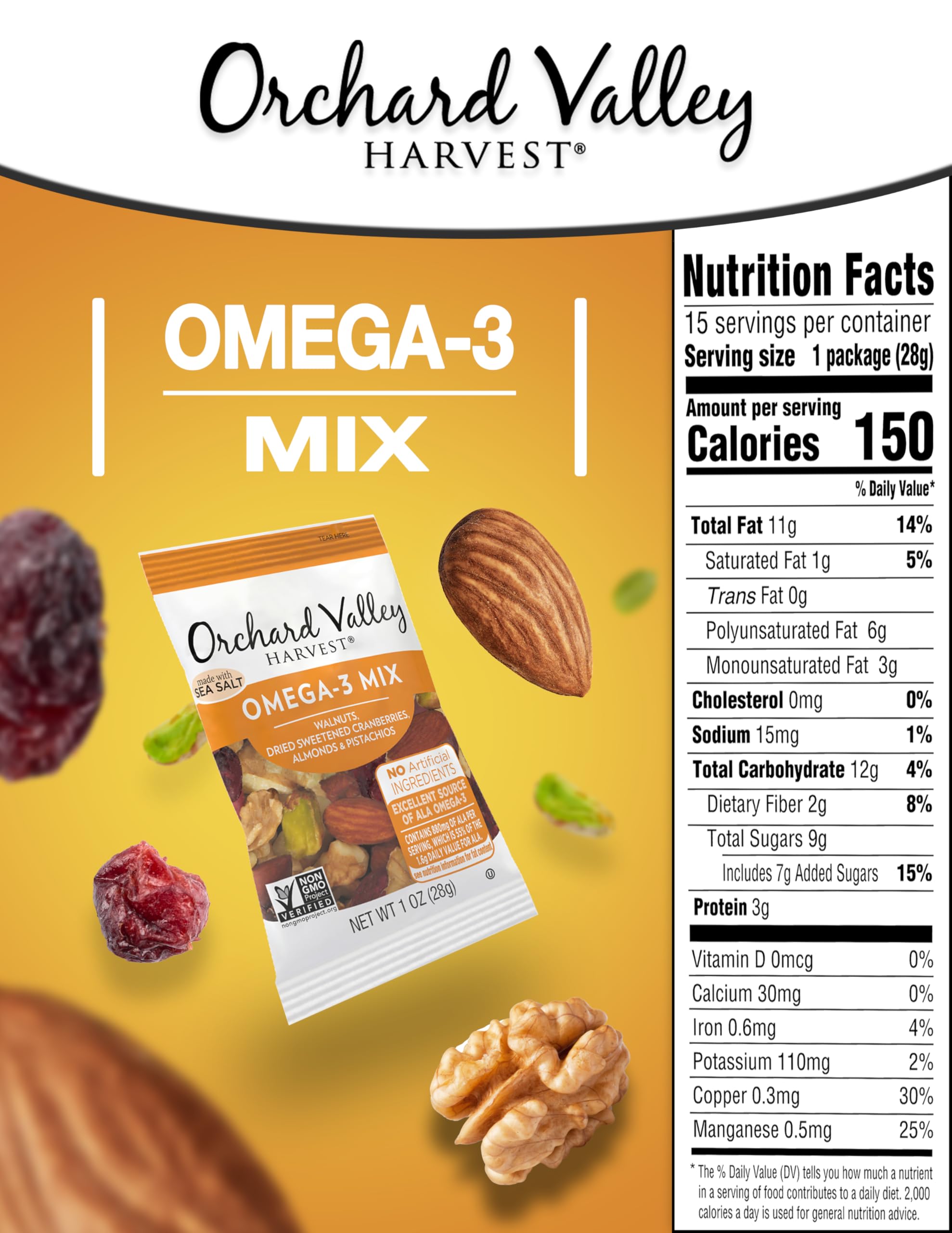 Orchard Valley Harvest Omega-3 Mix almonds and pistachios offer a crunchy, satisfying bite.