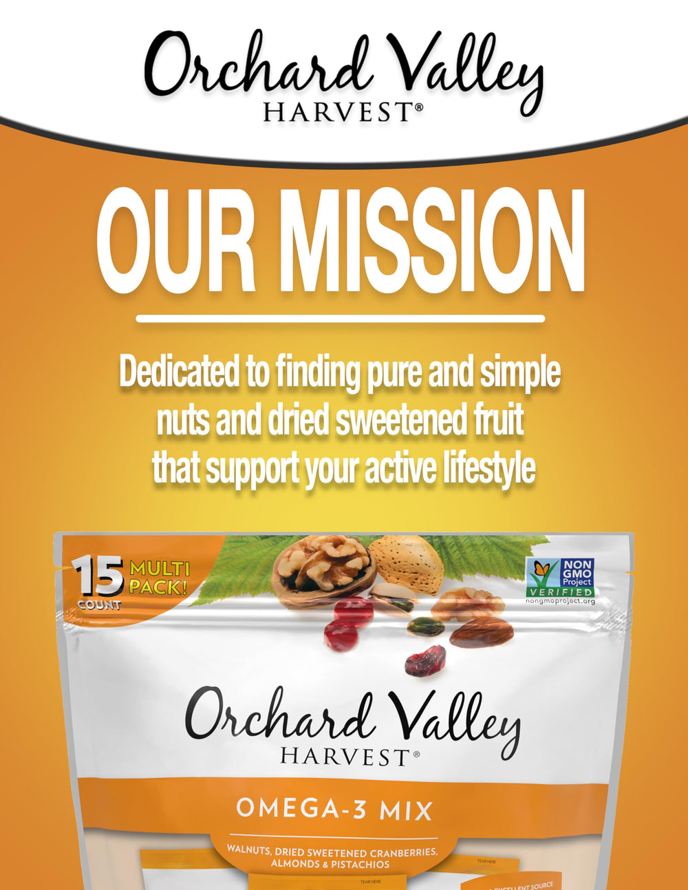 Orchard Valley Harvest Omega-3 Mix close-up reveals nuts and cranberries in vibrant color.