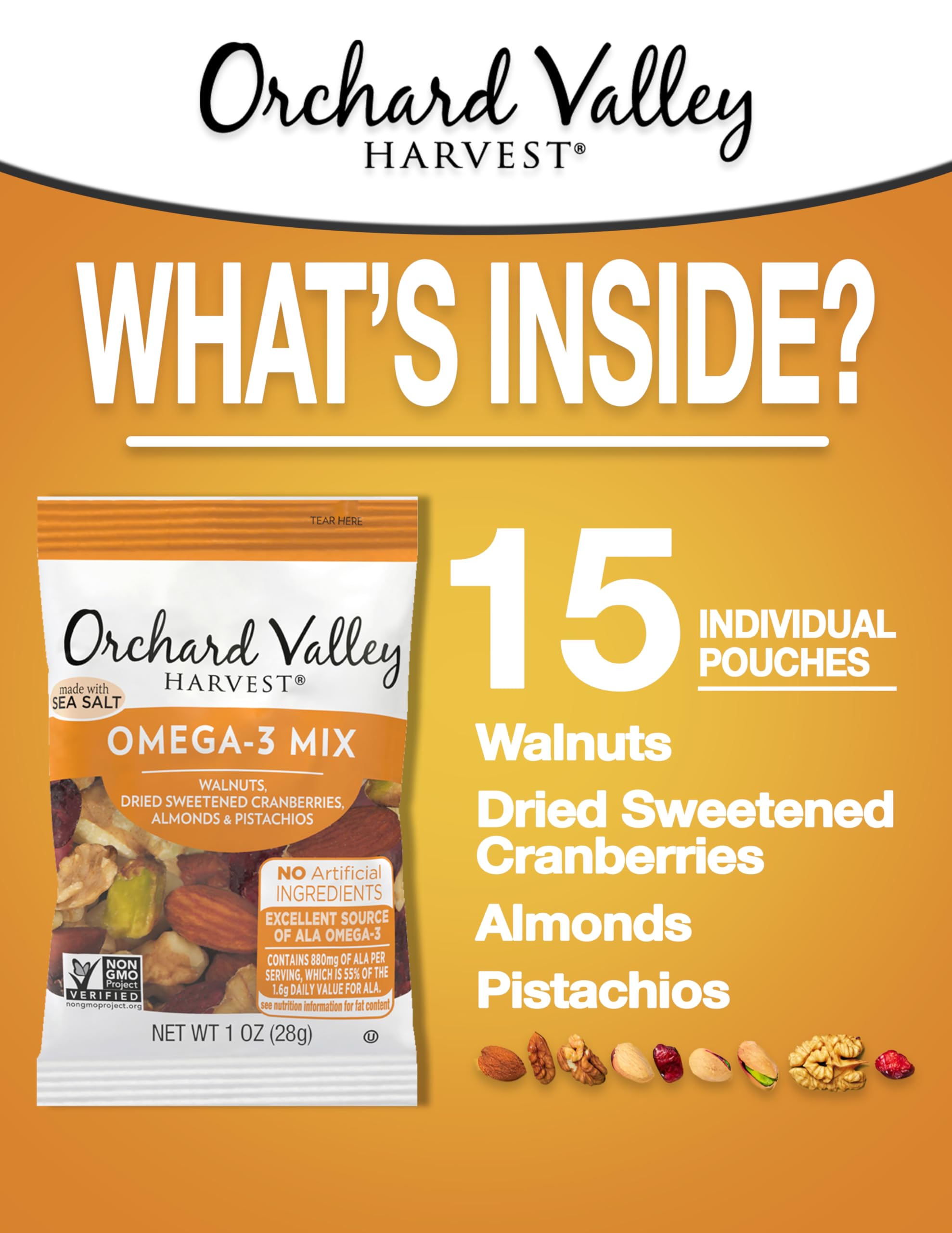 Orchard Valley Harvest Omega-3 Mix individual 1-ounce servings are perfect for travel and work.