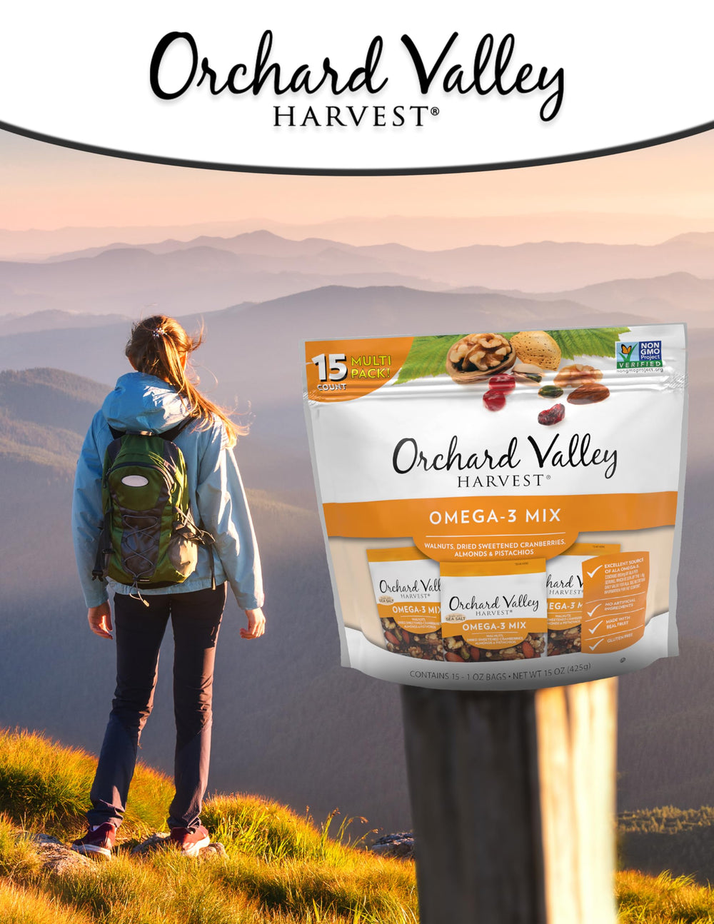 Orchard Valley Harvest Omega-3 Mix ready-to-eat snack for home, office, or travel.