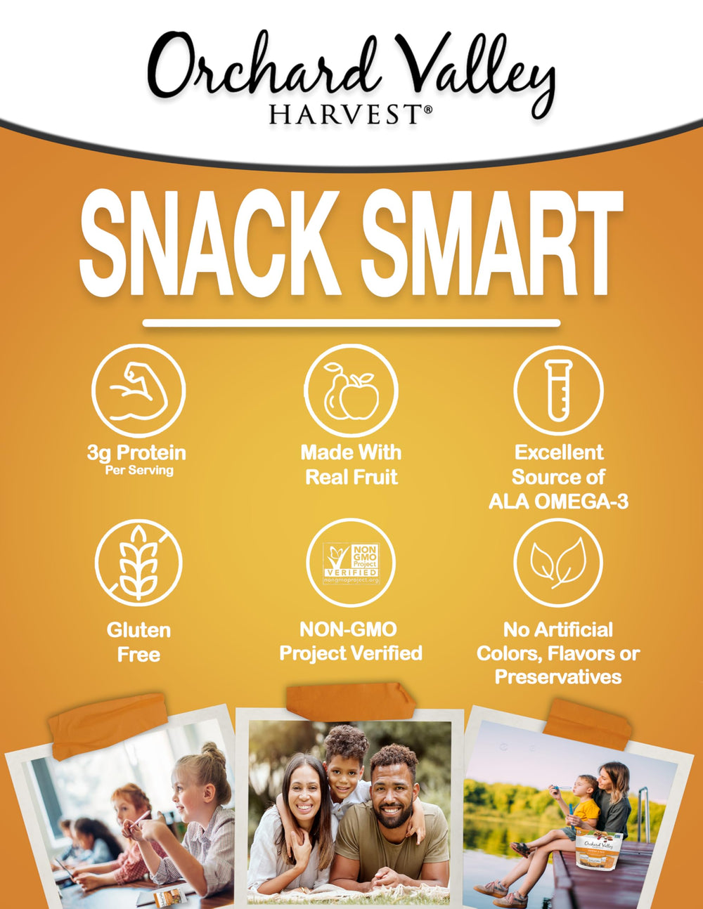 Orchard Valley Harvest Omega-3 Mix packaging highlights non-GMO and gluten-free ingredients.