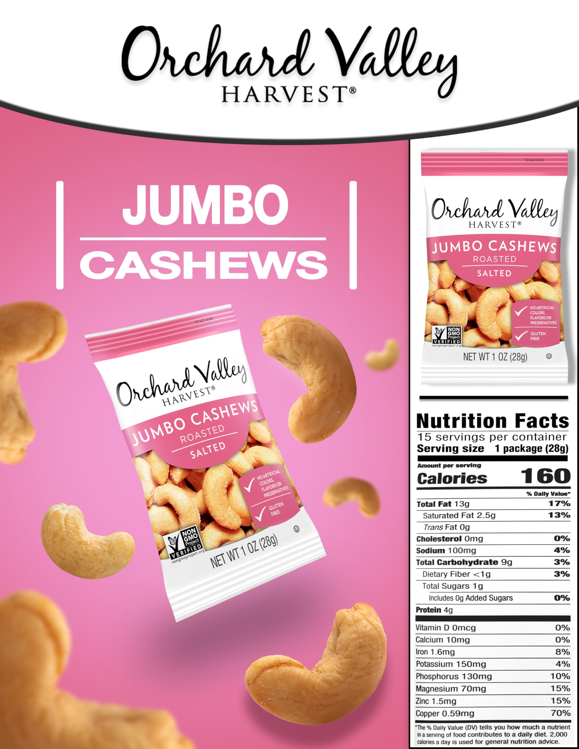 Orchard Valley Harvest roasted salted cashews closeup with rich flavor