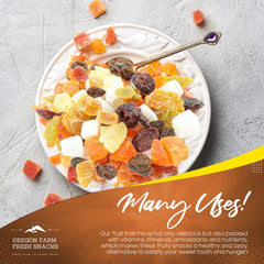 Oregon Farm Fresh Snacks dried fruit mix in a lunchbox, perfect for quick energy at school or work.