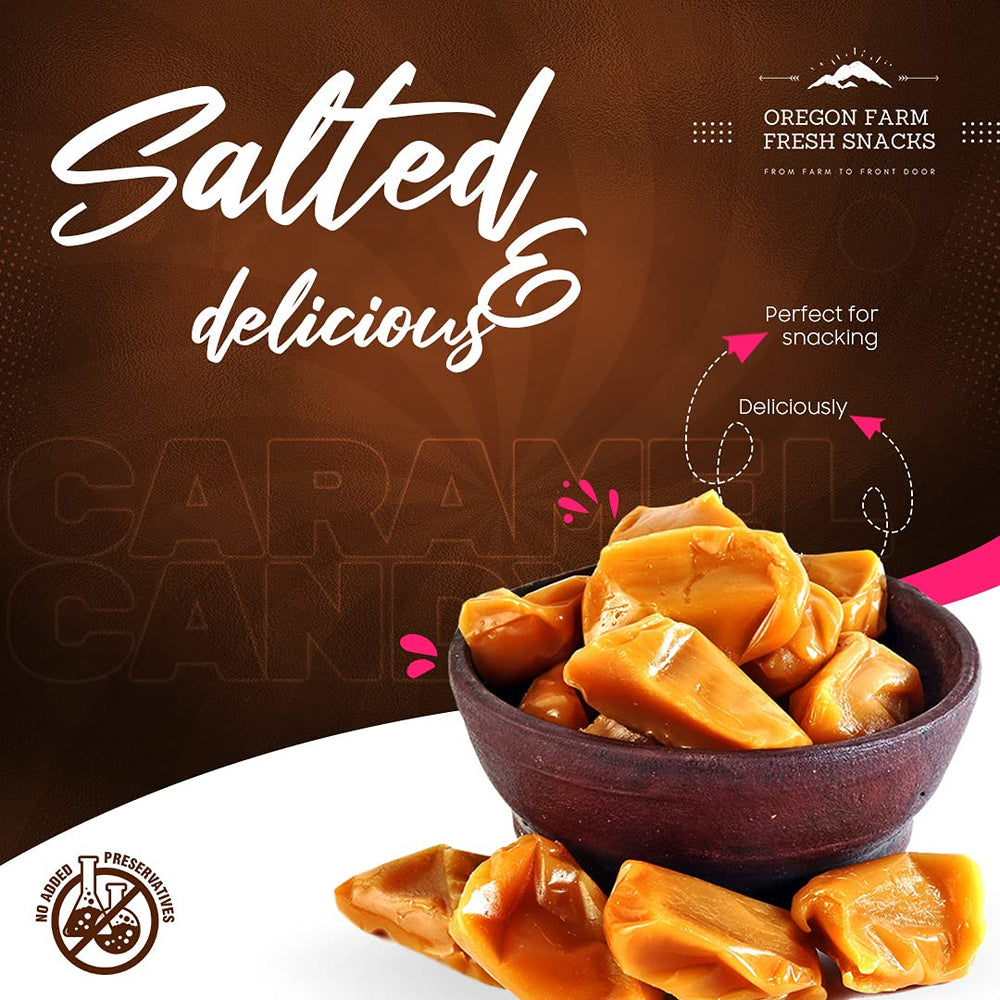 Oregon Farm Fresh Snacks salted caramel bite-sized wrappers ready for gifting.