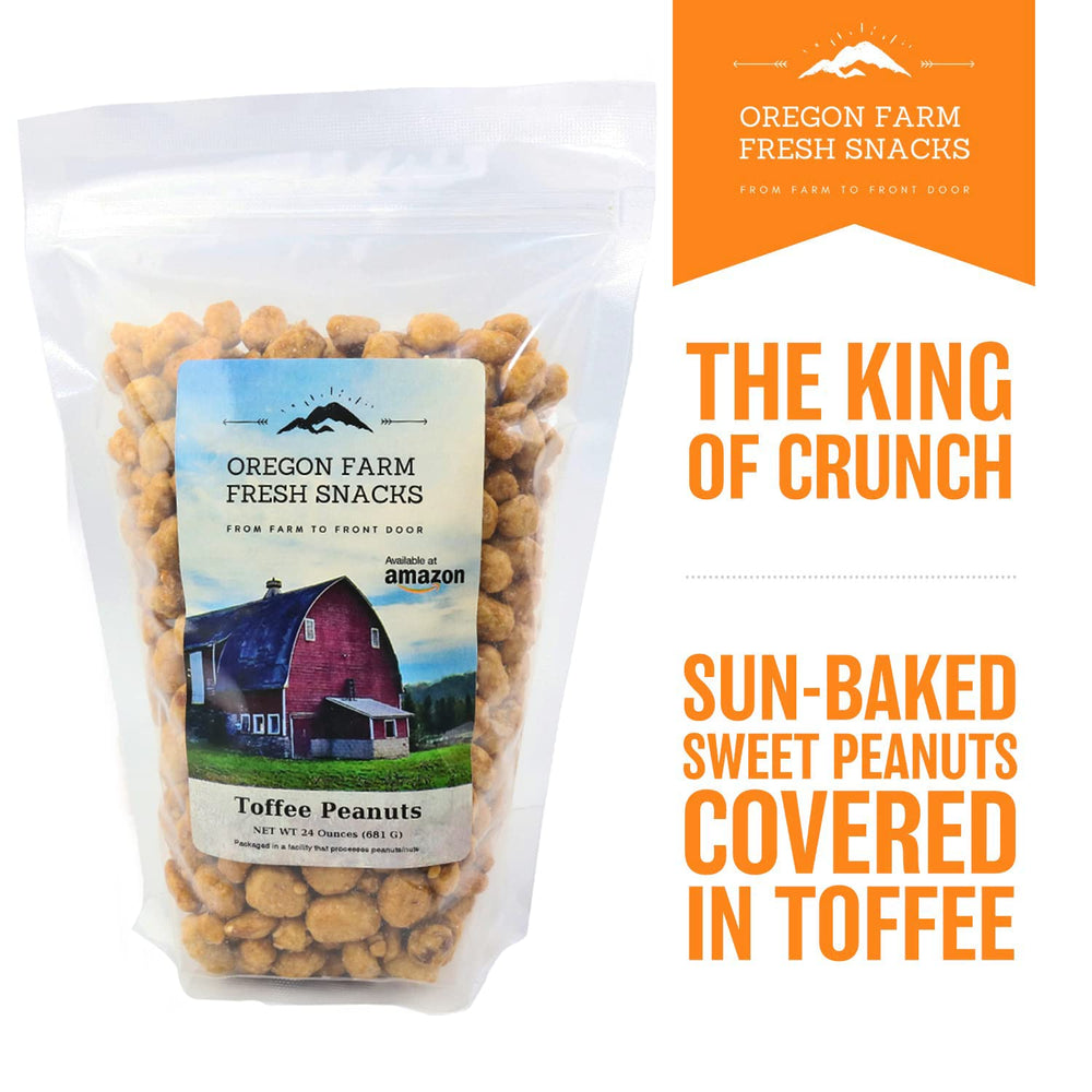 OREGON FARM FRESH SNACKS Toffee Peanuts closeup—golden toffee shell on roasted peanuts, great for snacking.