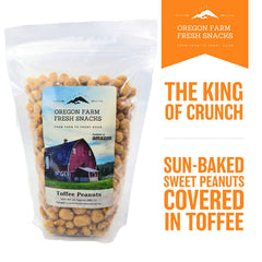 OREGON FARM FRESH SNACKS Toffee Peanuts closeup—golden toffee shell on roasted peanuts, great for snacking.