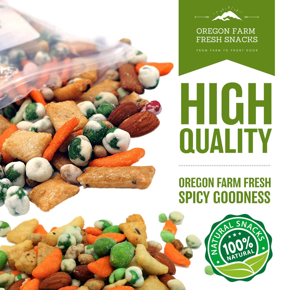 Oregon Farm Fresh Snacks Wasabi Peas & Rice Crackers Mix on-desk setup suggests easy workspace snacking