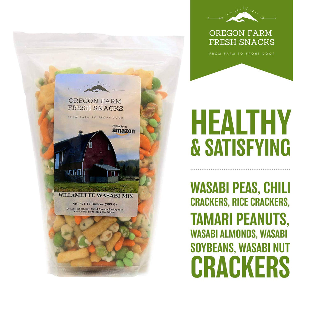 Oregon Farm Fresh Snacks Wasabi Peas & Rice Crackers Mix hero-shot suggests bold snacking for gatherings